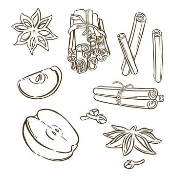 Mulled wine set: apples, apples, apple slices, cinnamon. White background isolat Stock Illustration