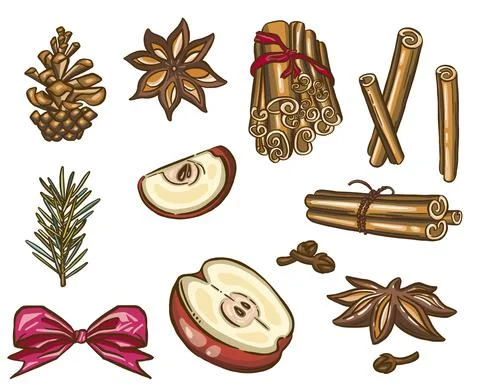 Mulled wine set: apples, apples, apple slices, cinnamon. White background isolat Stock Illustration