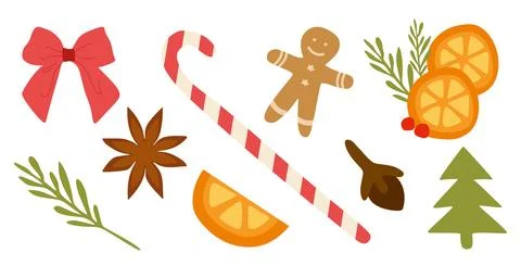 Mulled wine spice mix. Gingerbread seasoning blend with spicy ingredients. Fl Stock Illustration