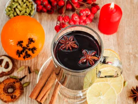 Mulled wine with spices Stock Photos