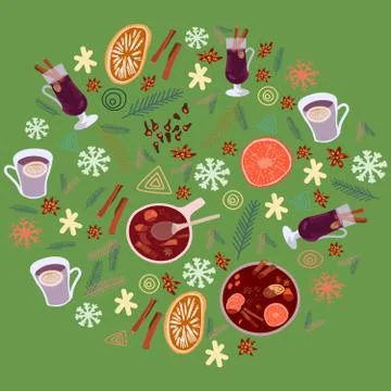 Mulled wine spices, pine tree twigs in circle shape Stock Illustration