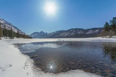 The Multa River in early spring, view from the lower Lake of Multin Stock Photos