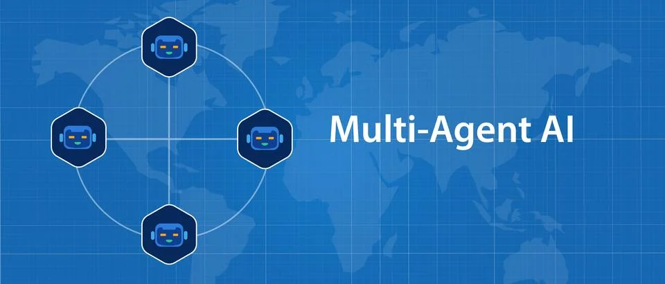 Multi agent artificial intelligence AI system network with robot icons Иллюстрация