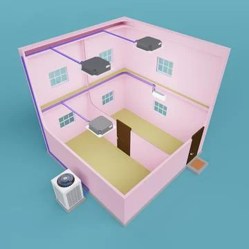 Multi air conditioning system different indoor units pink building 3d Stock Illustration