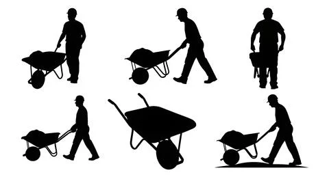 Multi-Angle Wheelbarrow Worker Silhouettes Stock Illustration