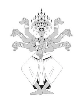 Multi-armed Balinese dancer in traditional costume line art character Illustrazione stock