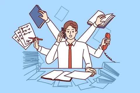Multi-armed man multitasking with documents and talking on phone sitting in イラスト素材
