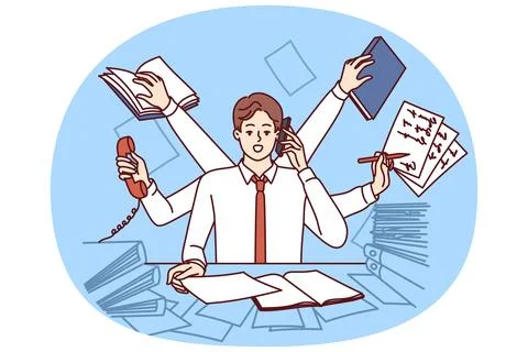 Multi-armed man multitasking with documents and talking on phone sitting in Stockillustratie