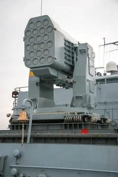 Multi-barrel missile launcher on a ship. Multi-barrel missile launcher on ... Stock Photos