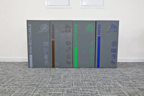 Multi-bin recycling bin in office Stock Photos