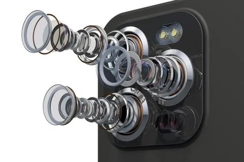 Multi-camera smartphone. Disassembled smartphone cameras, modern lens of smar Illustrazione stock