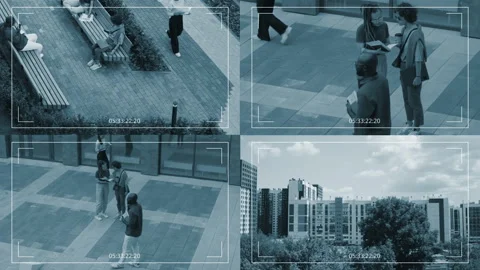 Multi CCTV of Employees Walking by Office Entrance and Panoramic Cityscape Video stock 274985348