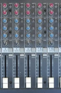 A multi-channel hardware audio mixer with microphone. Stock Photos