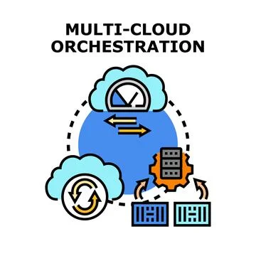 Multi cloud orchestration controlling data flow and server management concept Illustrazione stock