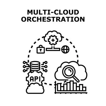 Multi cloud orchestration managing global data and services Stock Illustration