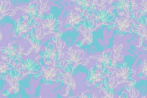 Multi color camouflage seamless pattern with lily flowers, buds and leaves. Stock Illustration