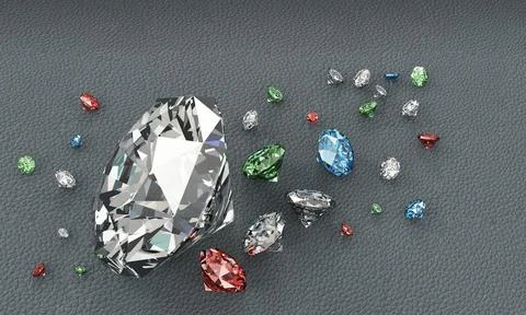 Multi color diamonds on leather surface from 3D Rendering. Focus on big diamo Stock Illustration