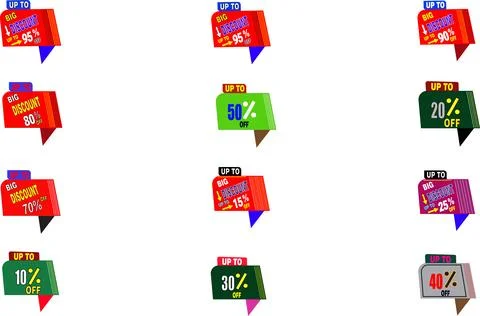 Multi-color discount tag set vector design with up to 95 percent off labels Stock-Illustration