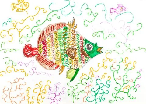 Multi-color fish fish between algae child s drawing - multi-color fish fis... Stock Photos