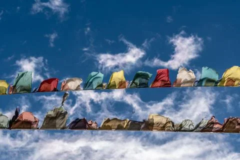 Multi color flags mountain land mark of Leh Ladakh Stock Photos
