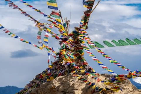 Multi color flags mountain land mark of Leh Ladakh Stock Photos