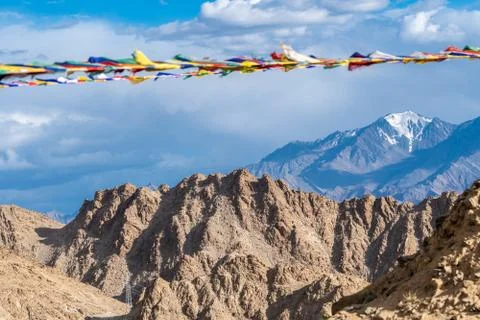 Multi color flags mountain land mark of Leh Ladakh Stock Photos