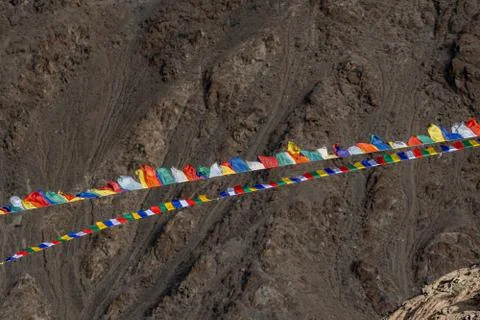 Multi color flags mountain land mark of Leh Ladakh Stock Photos
