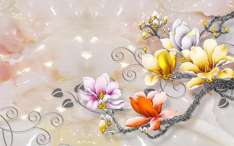 Multi color Flowers on tree with stone texture background Stock Illustration