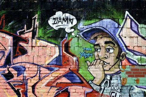 Multi color graffiti on brick wall, young men biting fingers, thought bubble wit Ilustración de archivo