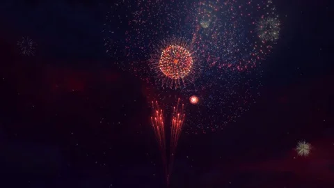 Multi color Multiple shape Fireworks Explosion display sky night Seamless Loop Stock Footage 127020926