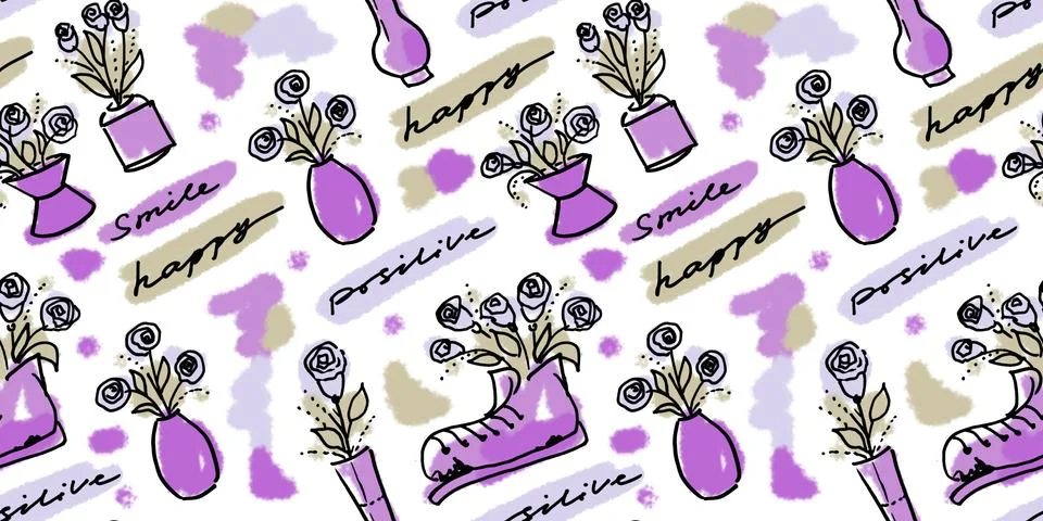 Multi color Seamless pattern of elements in the style of line art on a white Stock Illustration