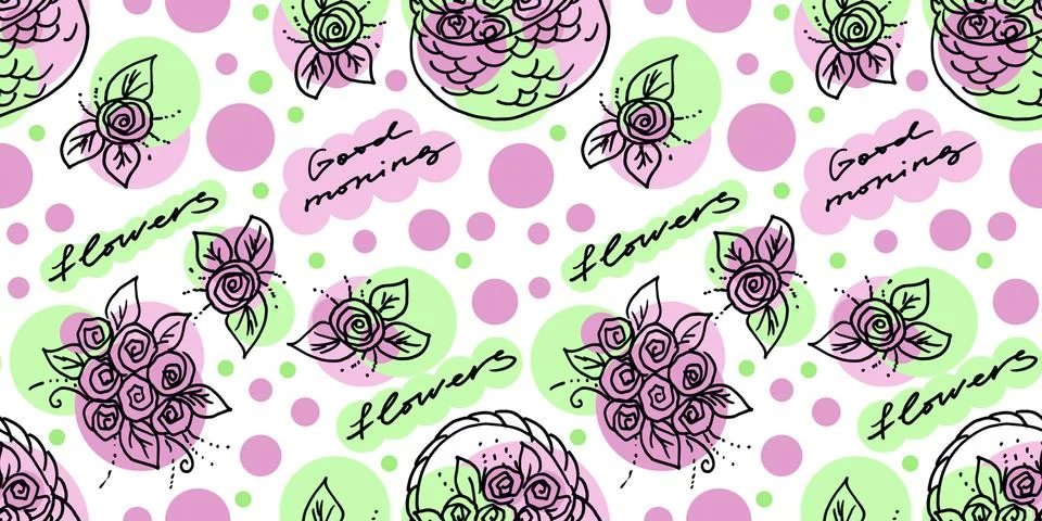 Multi color Seamless pattern of elements in the style of line art on a white Stock Illustration