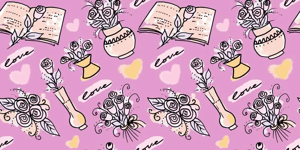 Multi color Seamless pattern of elements in the style of line art on a pink Illustrazione stock