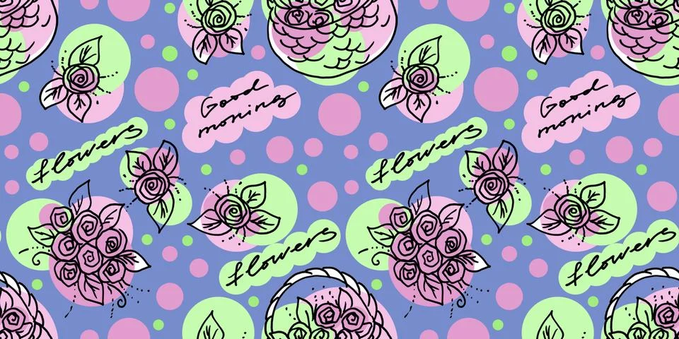 Multi color Seamless pattern of elements in the style of line art on a blue Stock Illustration