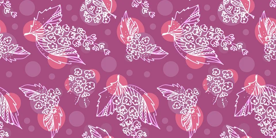 Multi color Seanless pattern of elements in the style of line art on a purple Illustrazione stock