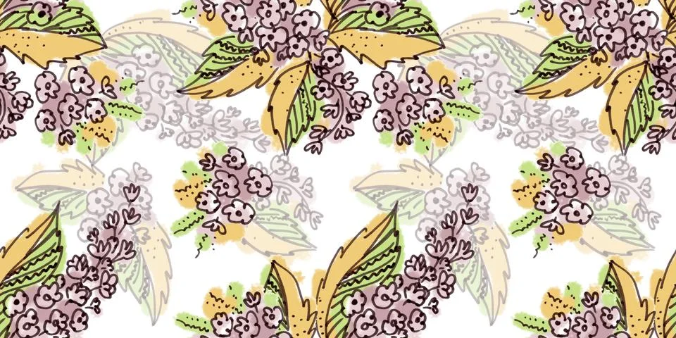 Multi color Seanless pattern of elements in the style of line art on a white Stock Illustration