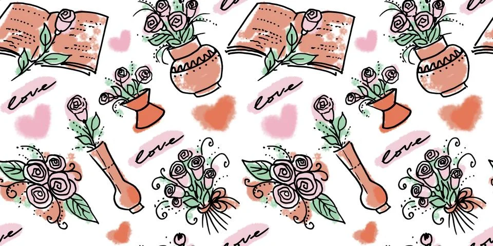 Multi color Seanless pattern of elements in the style of line art on a white Illustrazione stock