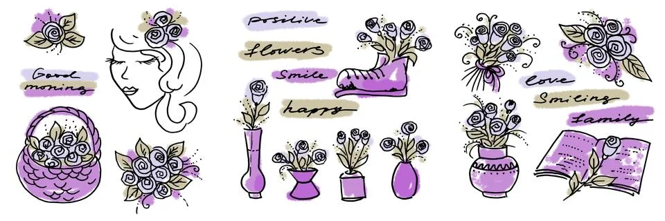 Multi color Set of elements in the style of line art on a white background Stock Illustration