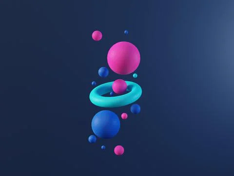 Multi colored abstract 3d render balls on dark blue background. Ai, big data Stock Illustration