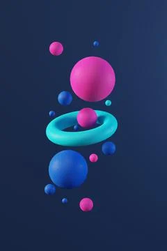 Multi colored abstract 3d render balls on dark blue background. Ai, big data Stock Illustration