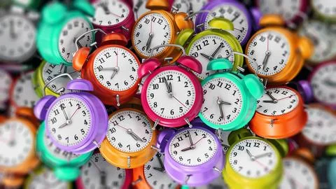 Multi-colored alarm clocks stack background. 3D illustration Stock Illustration