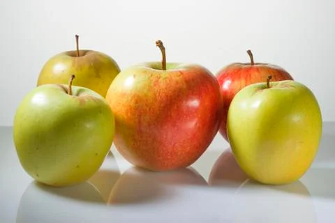 Multi-colored apples on a white background Stock Photos