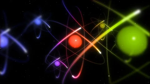 Multi Colored Atoms in Space with Glow - 3D Animation Video stock 104386719