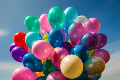 Multi-colored balloons on blue sky background Stock Photos