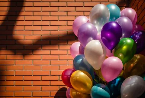Multi-colored balloons on brick wall background Stock Photos