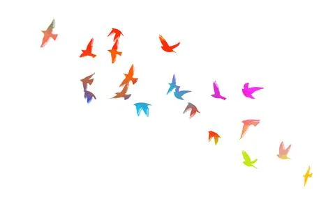 Multi-colored birds. A flock of flying rainbow birds. Vector illustration Stock Illustration