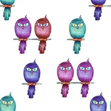 Multi-colored birds. Seamless pattern. Watercolor Stock Illustration