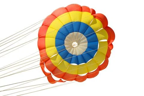 Multi-colored blue red yellow color of an isolated parachute with slings with Stock Photos