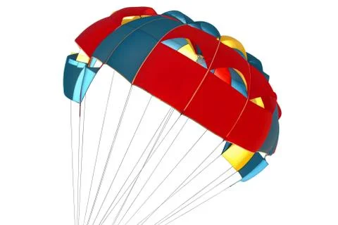 Multi-colored blue red yellow color of an isolated parachute with slings with Stock Photos