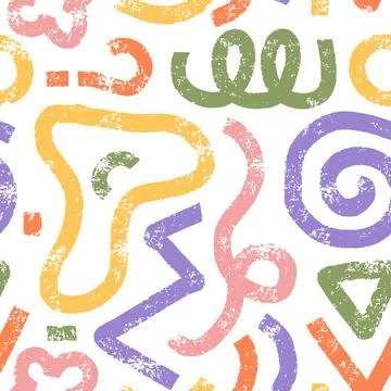 Multi colored bold geometric shapes seamless pattern. Chalk brush drawn scribble Illustrazione stock